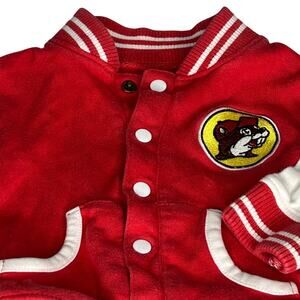 Buc-ees Varsity Jacket red body white sleeves Beaver logo sz 6-9 mths
